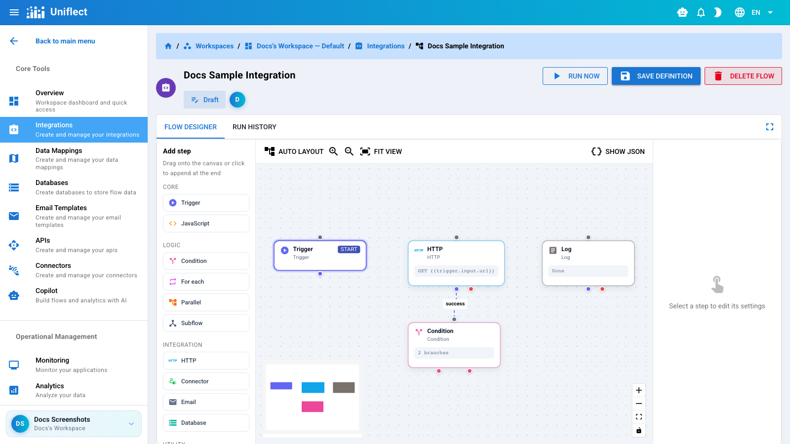 Flow designer with canvas, palette, and config panel