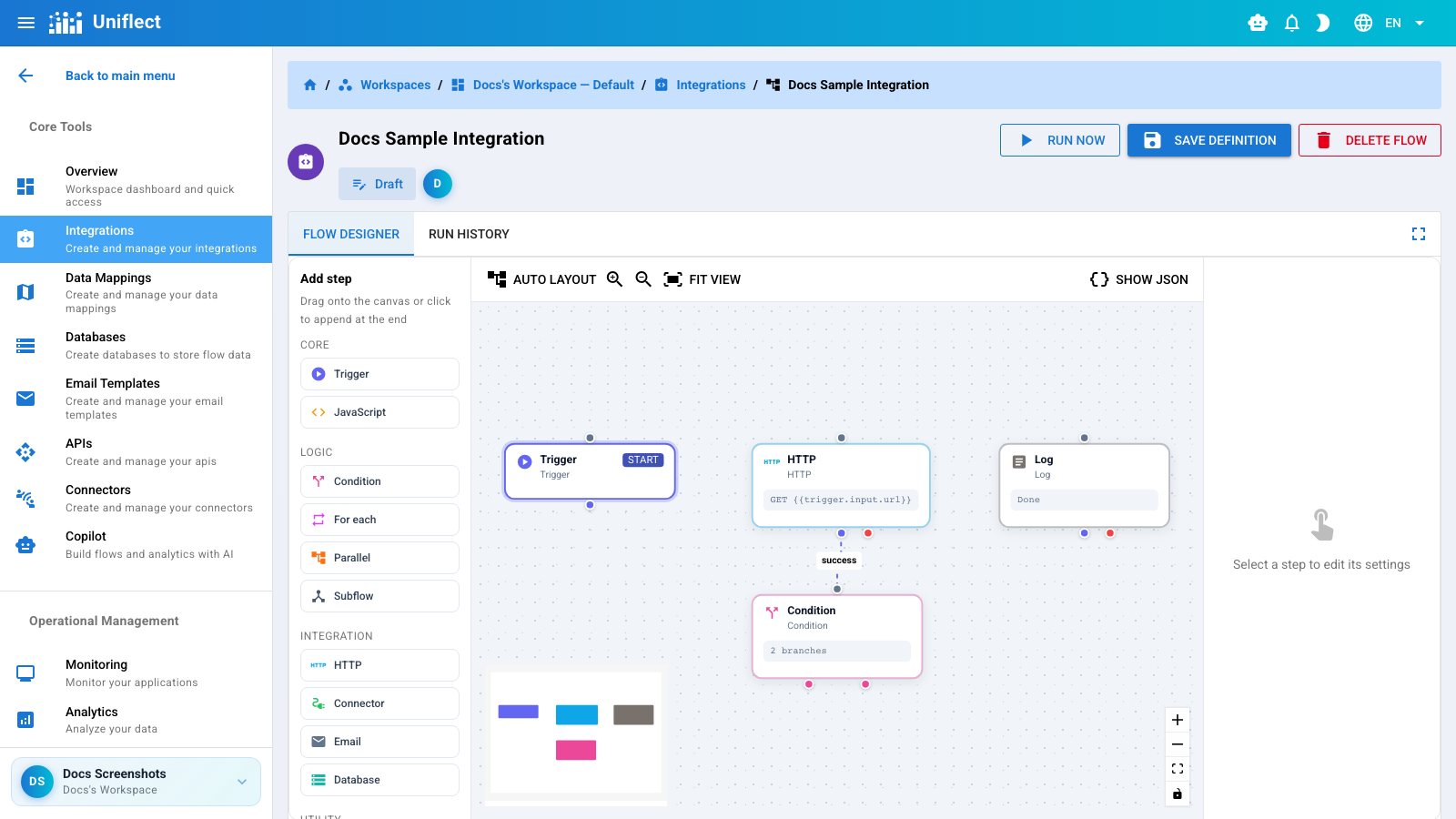 Flow designer step palette grouped by category