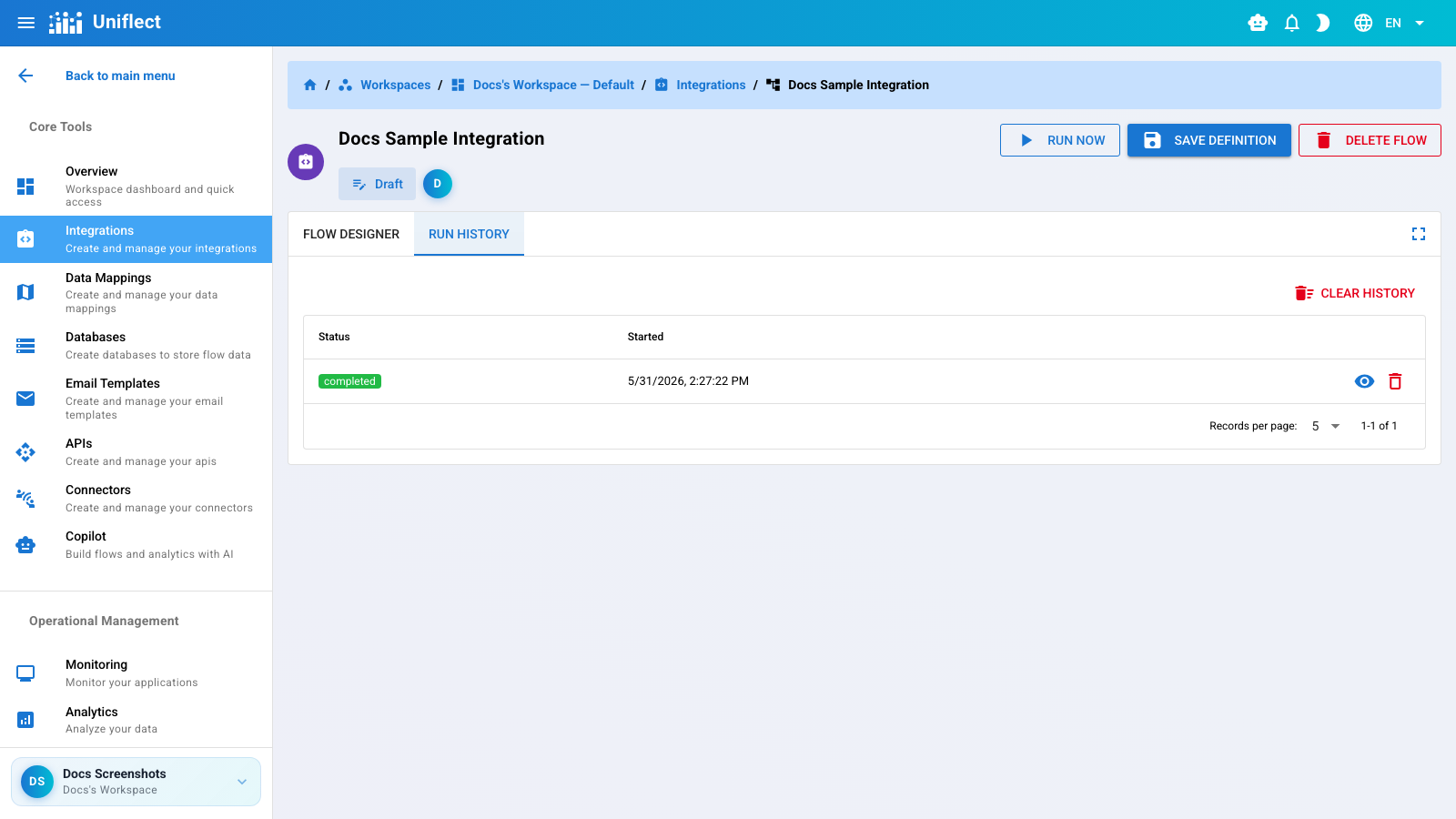 Integration runs tab with run history table