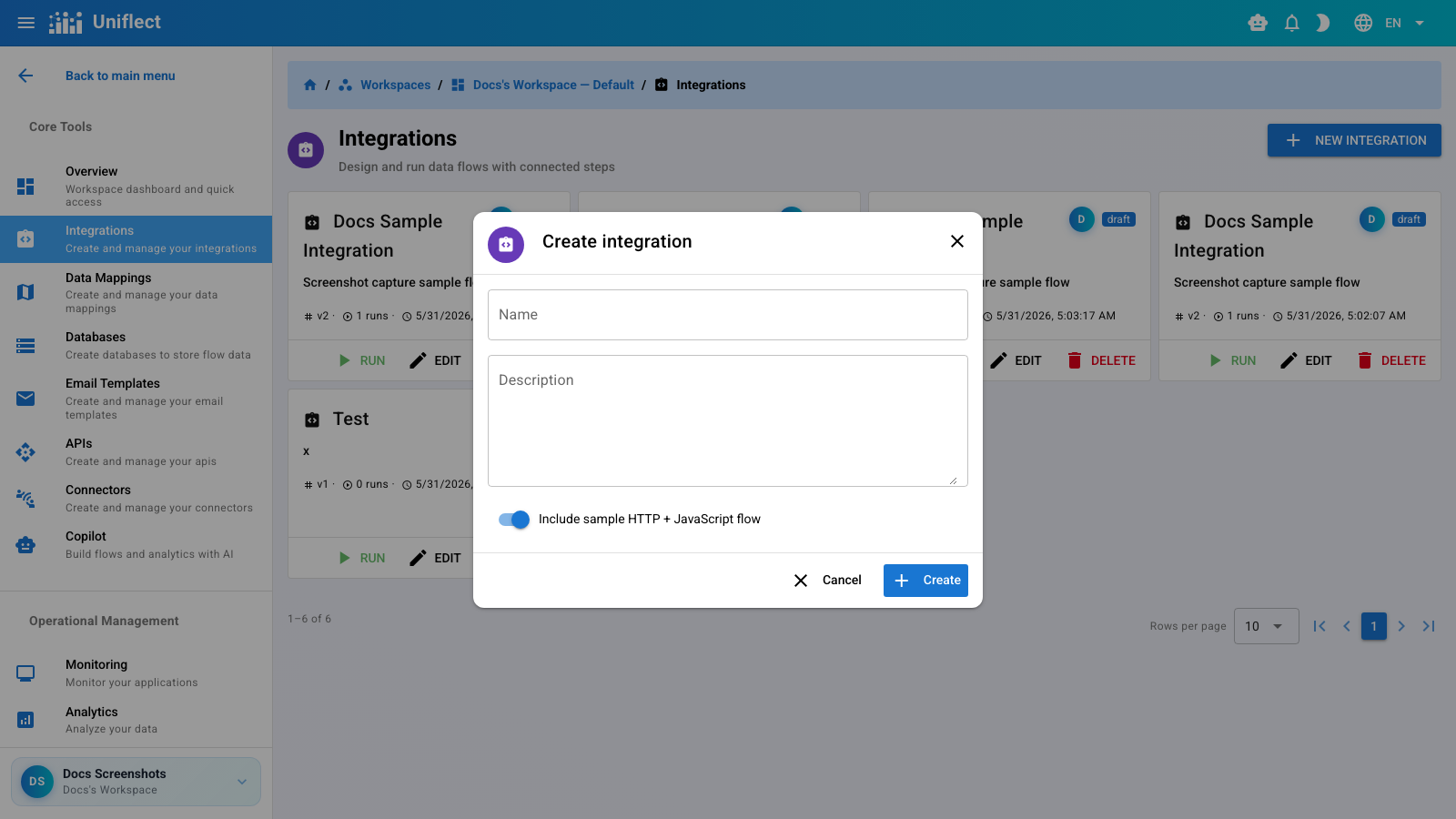Create integration dialog