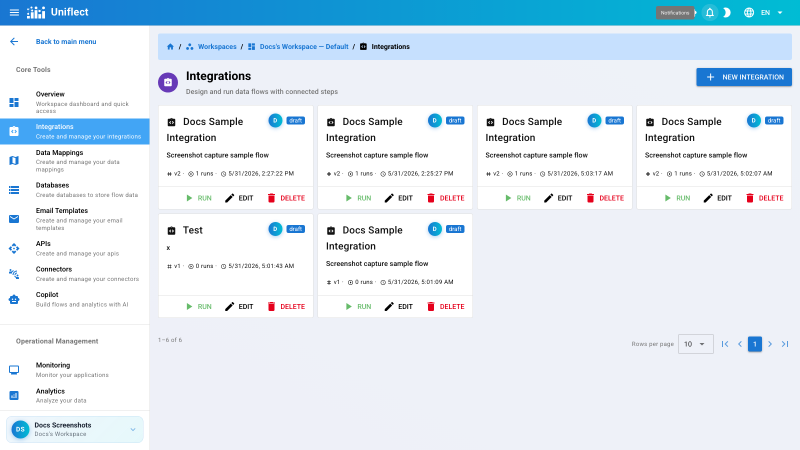 Integrations list with create button