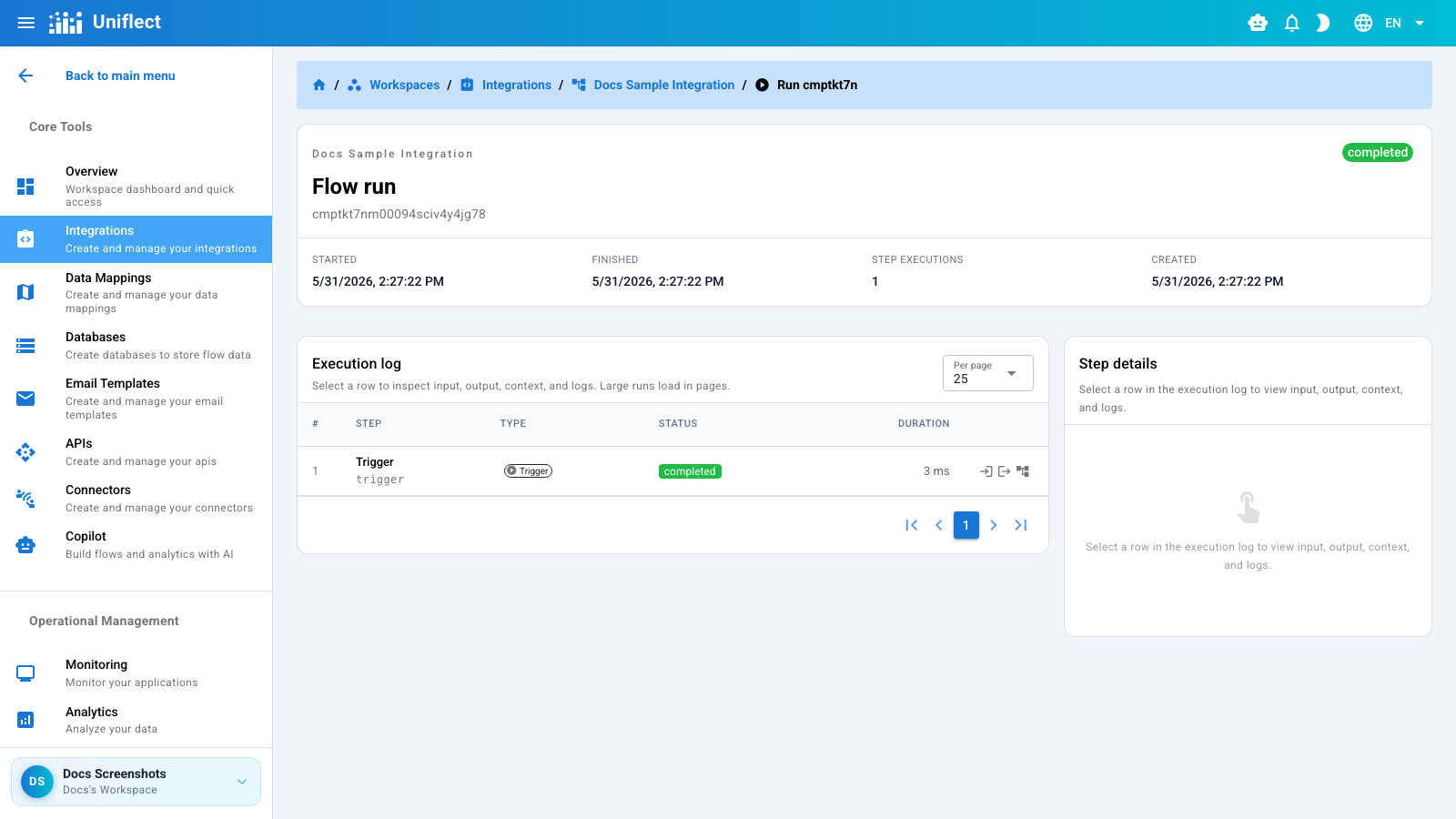 Flow run detail with step timeline